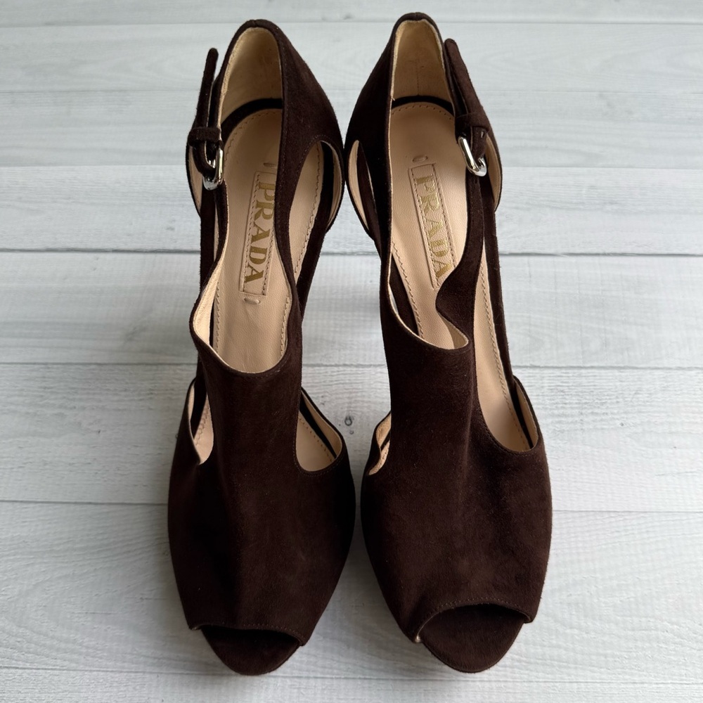 Prada Brown Suede Cut Out Heels Size 39.5/9.5 - Picture 3 of 9